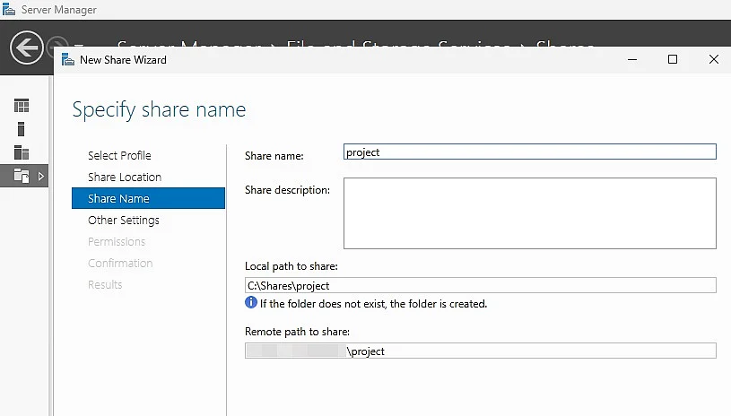 Image: Specify a share name in Server Manager
