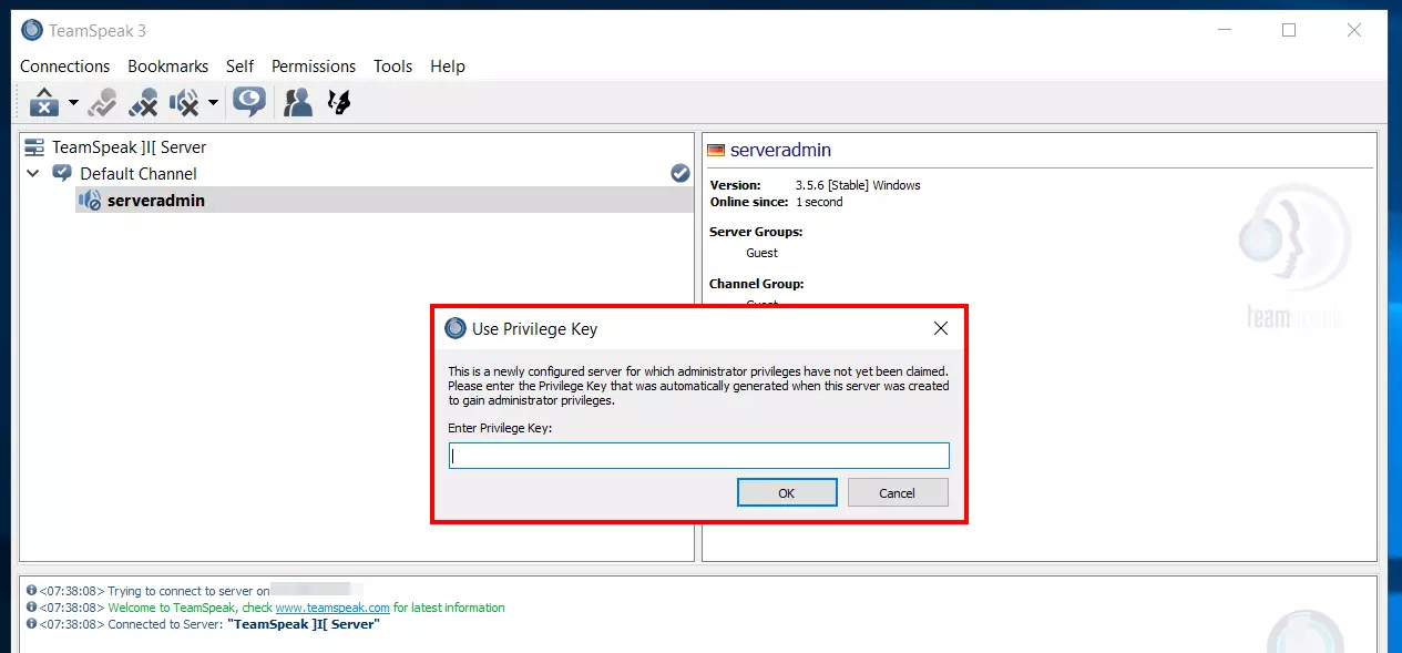 TS3 server: use privilege key Image: TS3 server: use privilege key