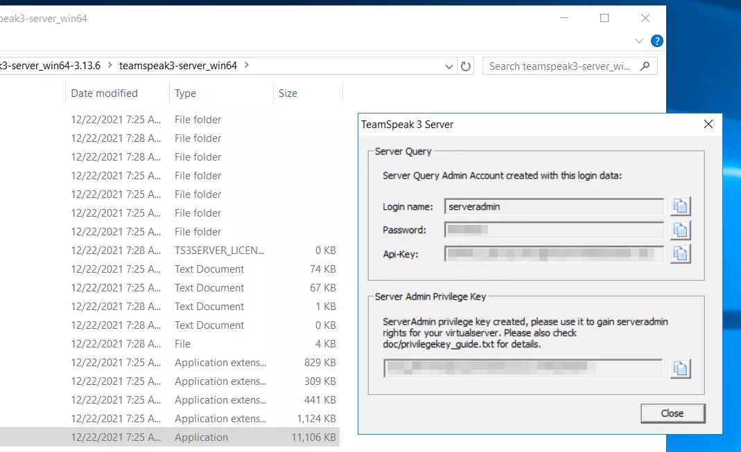 TeamSpeak 3 server: admin login data Image: TeamSpeak 3 server: admin login data