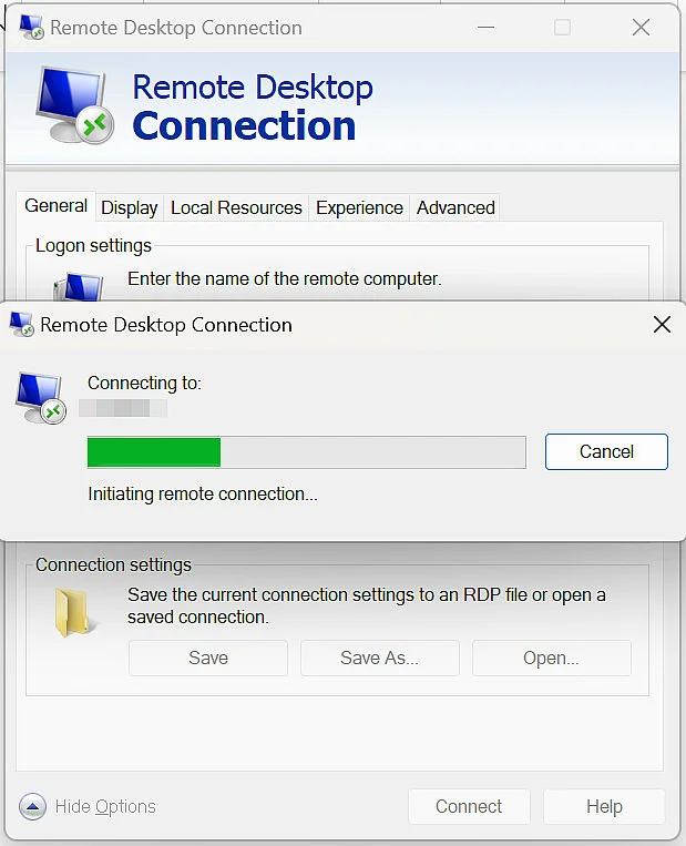 Establishing Remote Desktop connection Image: Establishing Remote Desktop connection