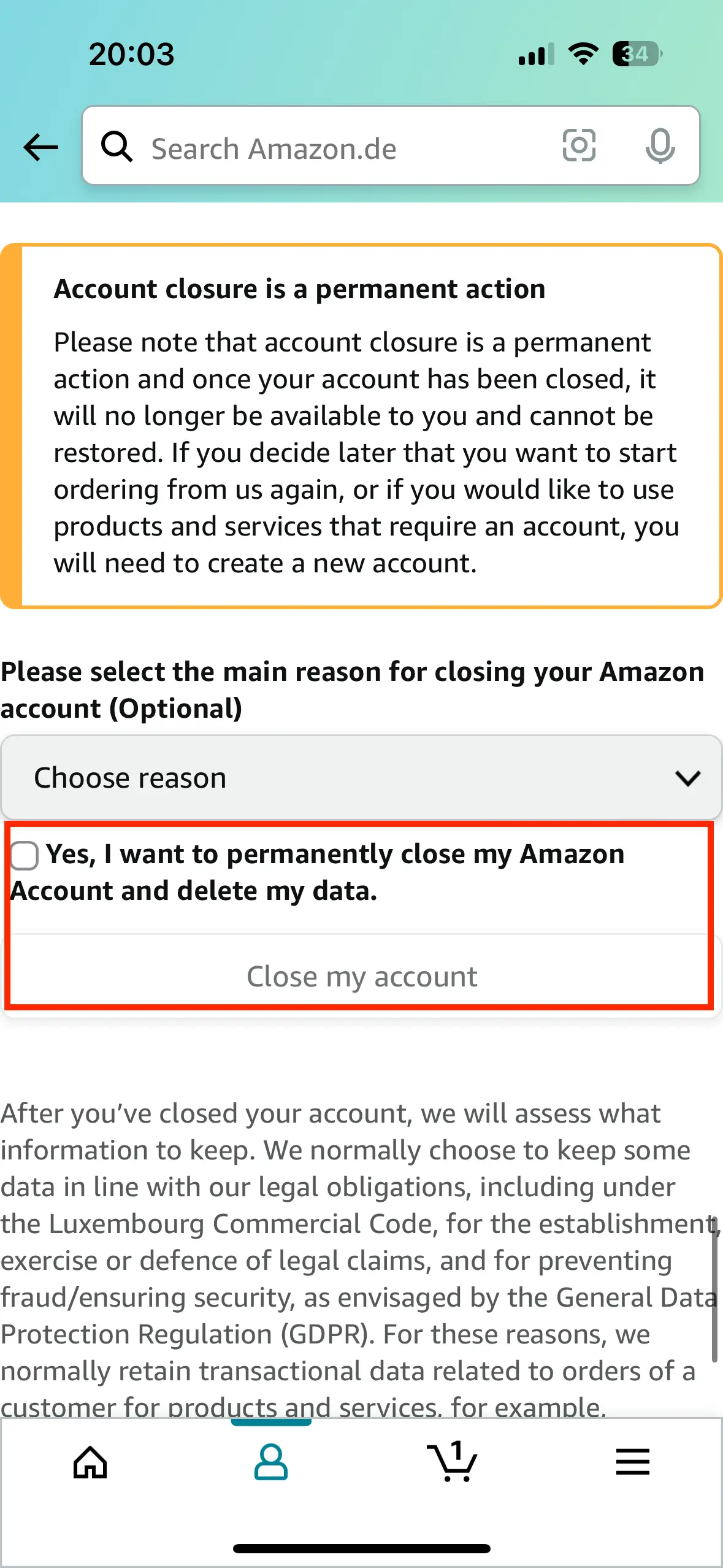 Tick the box and click on ‘Close my account’. Image: Tick the box and click on ‘Close my account’.