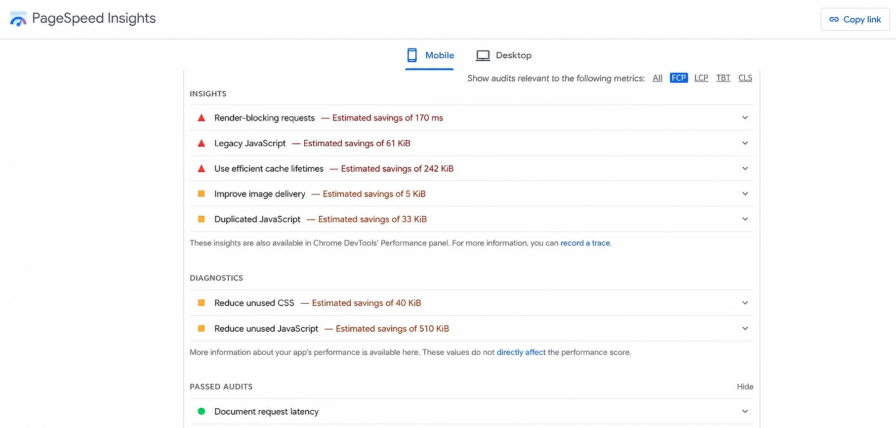 PageSpeed Insights optimisation tips for the FCP value in the performance category Image: PageSpeed Insights optimisation tips for the FCP value in the performance category