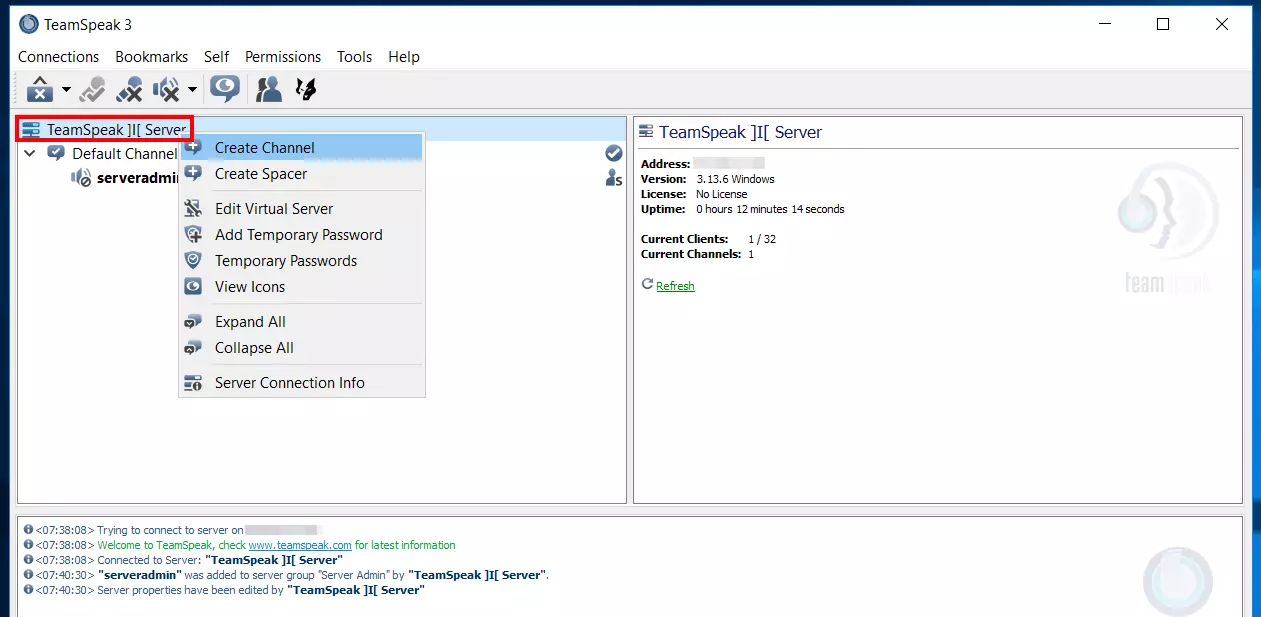 TeamSpeak server: create channel Image: TeamSpeak server: create channel