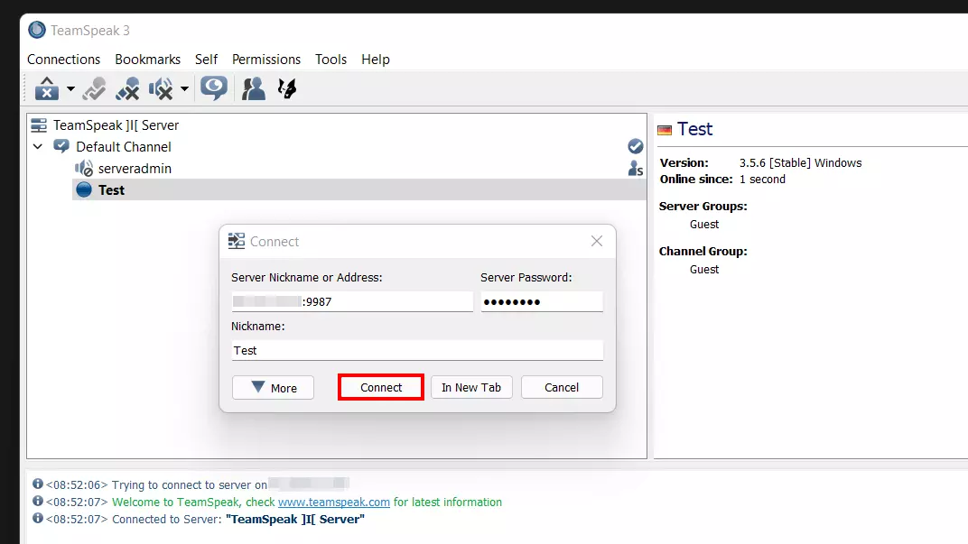 Establishing a connection with the created TeamSpeak server Image: Establishing a connection with the created TeamSpeak server