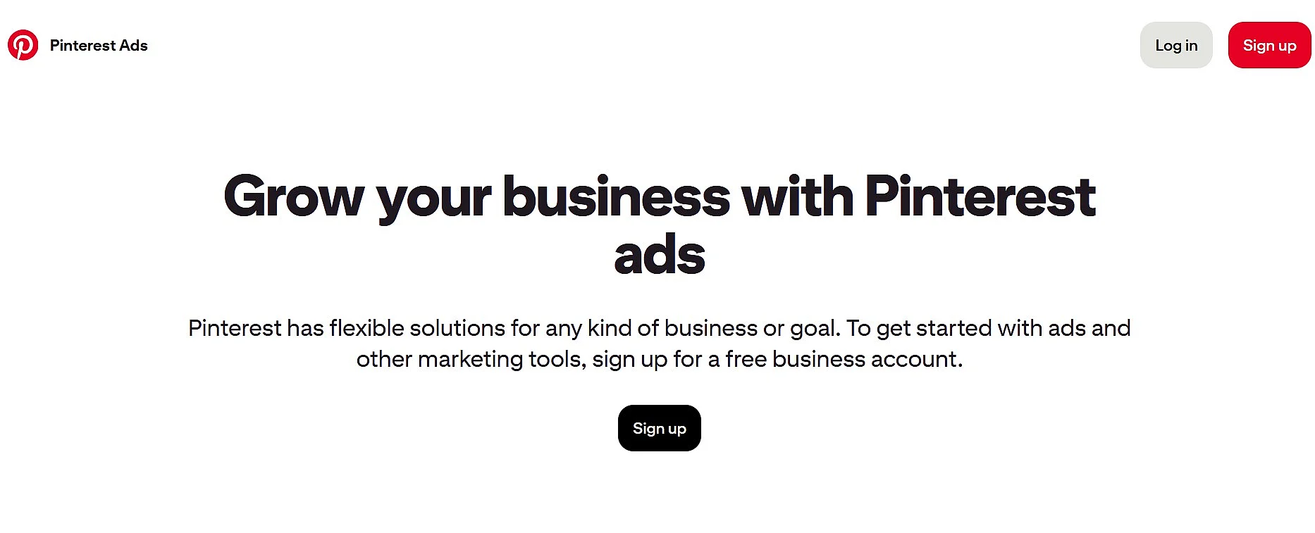 Image: Pinterest Ads homepage with entry section for businesses and ad campaigns