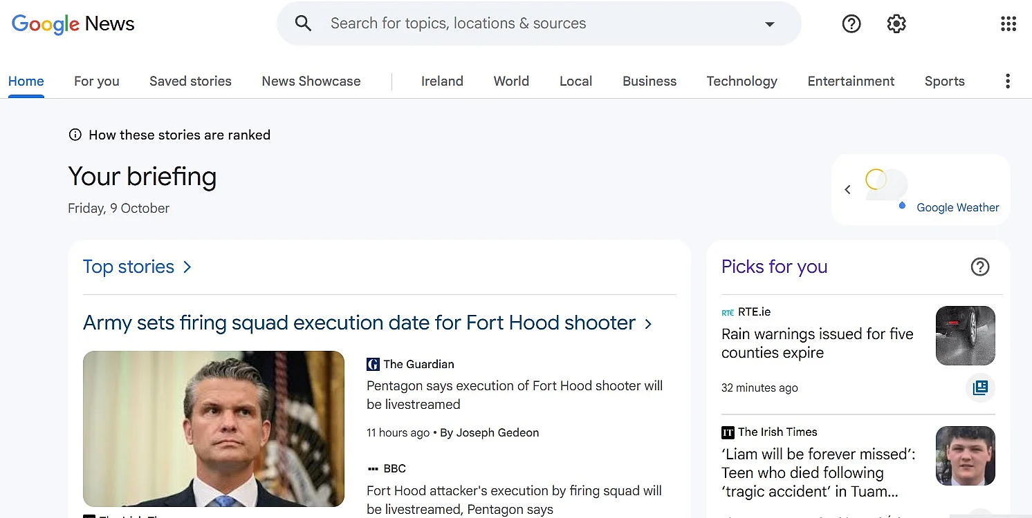 Google News homepage Image: Google News homepage