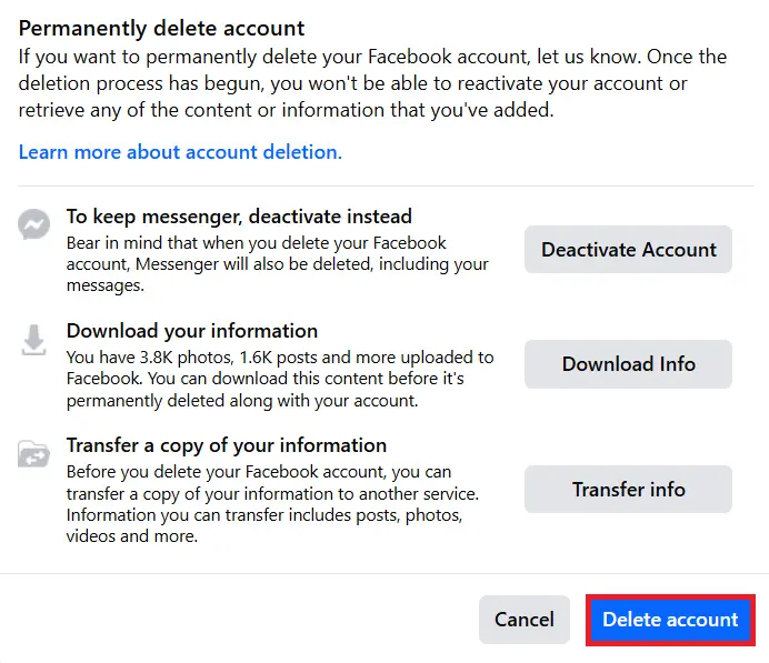 Image: Facebook: Permanently delete account