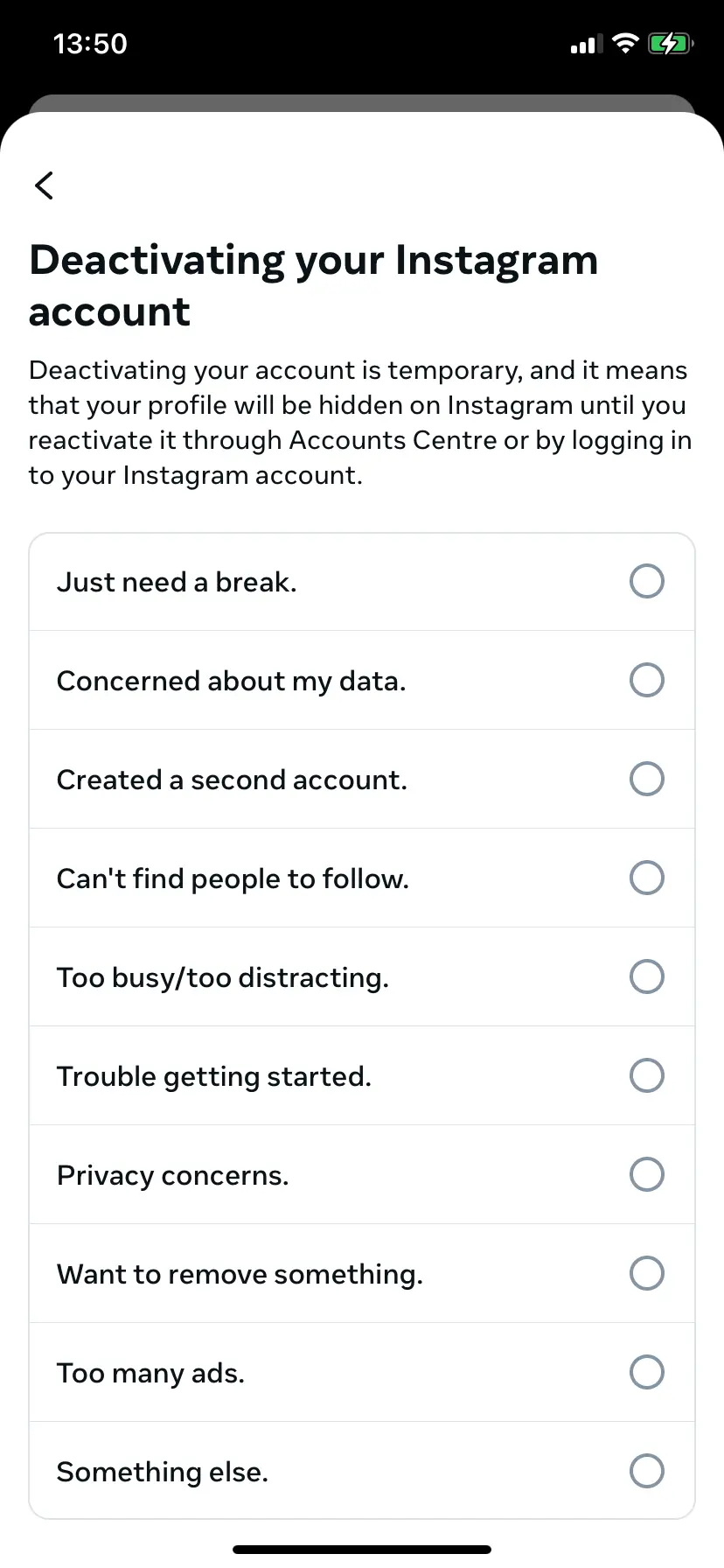 Image: Give a reason for deactivating or deleting your account
