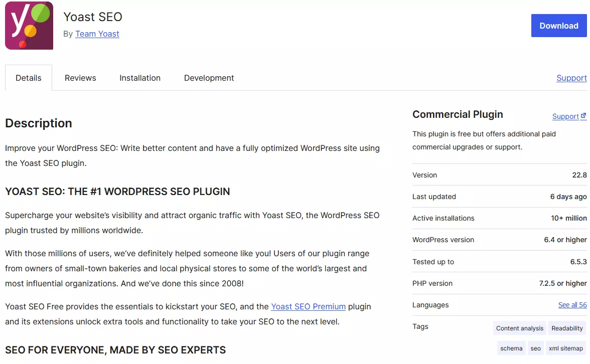 Yoast plugin description on WordPress.org Image: Yoast plugin description on WordPress.org