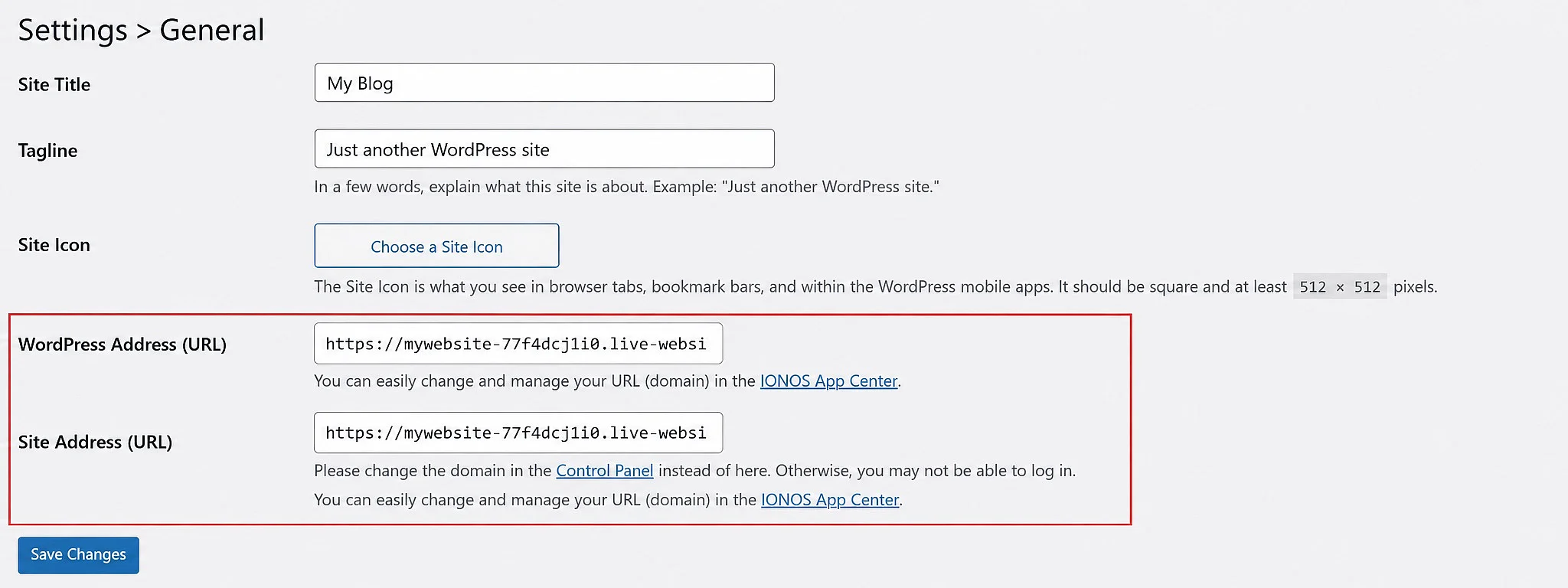 Greyed-out fields for changing the WordPress URL in the dashboard Image: Greyed-out fields for changing the WordPress URL in the dashboard