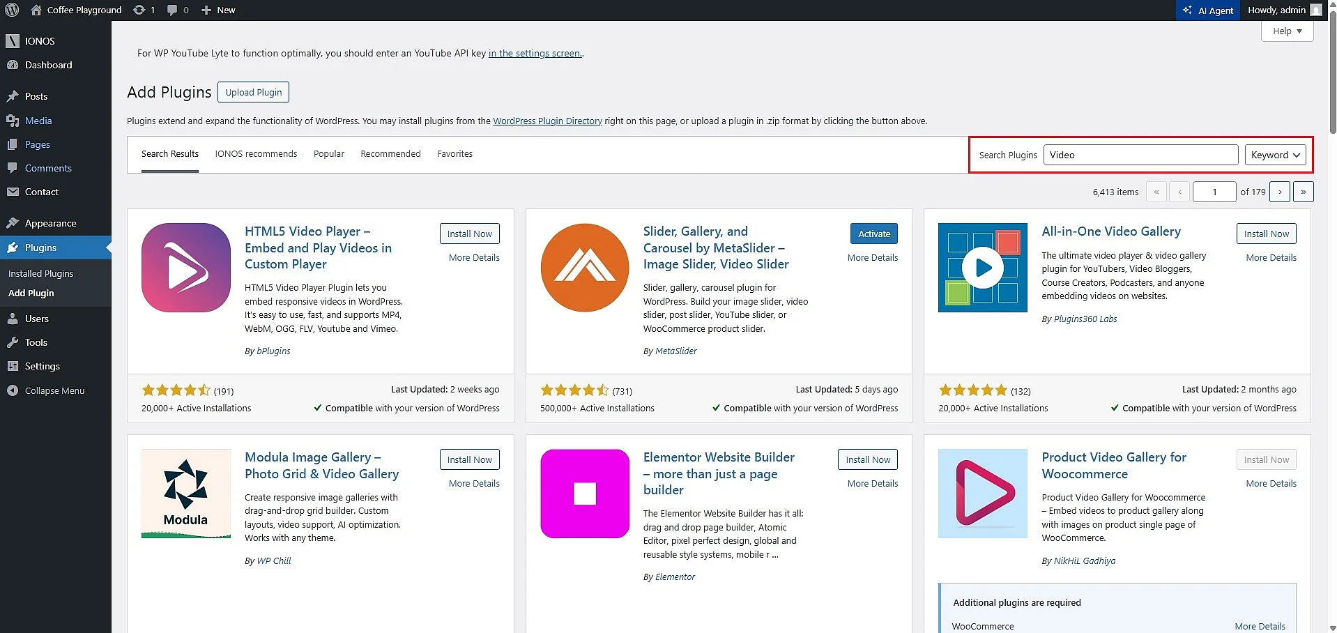 View of available video plugins in the WordPress backend Image: View of available video plugins in the WordPress backend