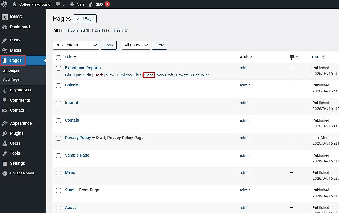 WordPress backend: Yoast ‘Clone’ button Image: WordPress backend: Yoast ‘Clone’ button
