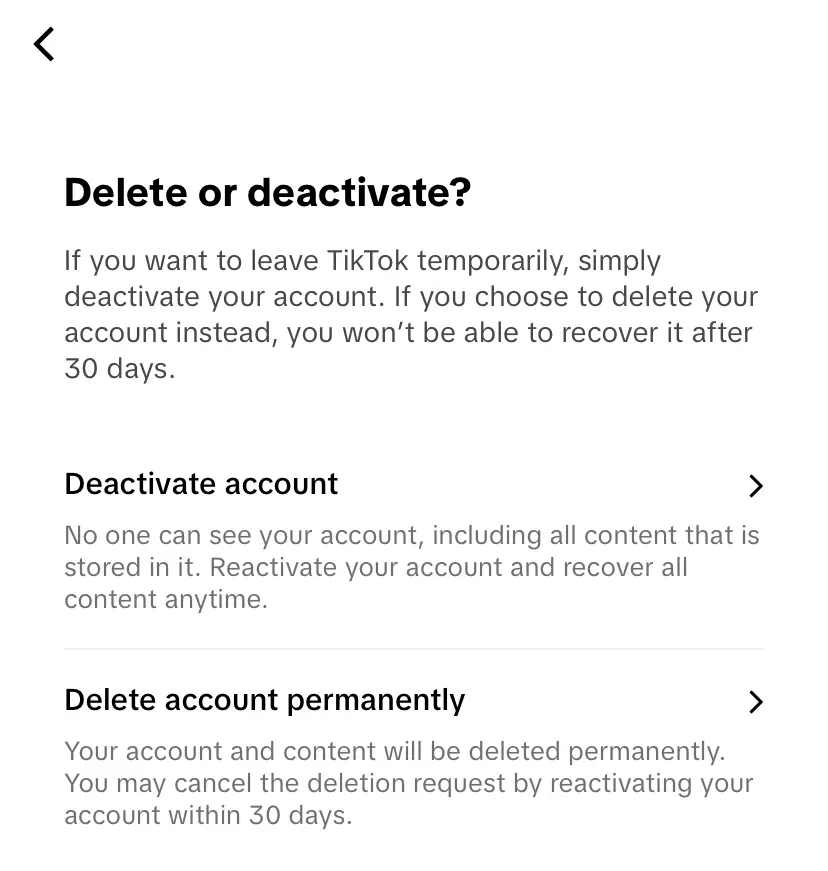 Image: TikTok Window: Delete or deactivate account?