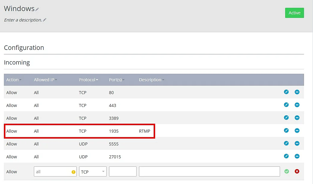 Cloud Panel: Server firewall settings with open port for RTMP Image: Cloud Panel: Server firewall settings with open port for RTMP