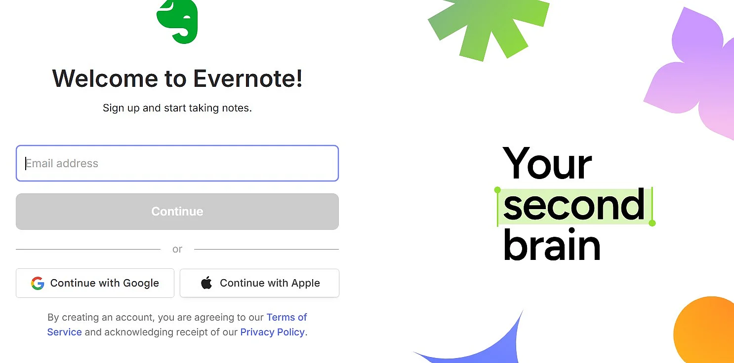 Evernote registration form Image: Evernote registration form