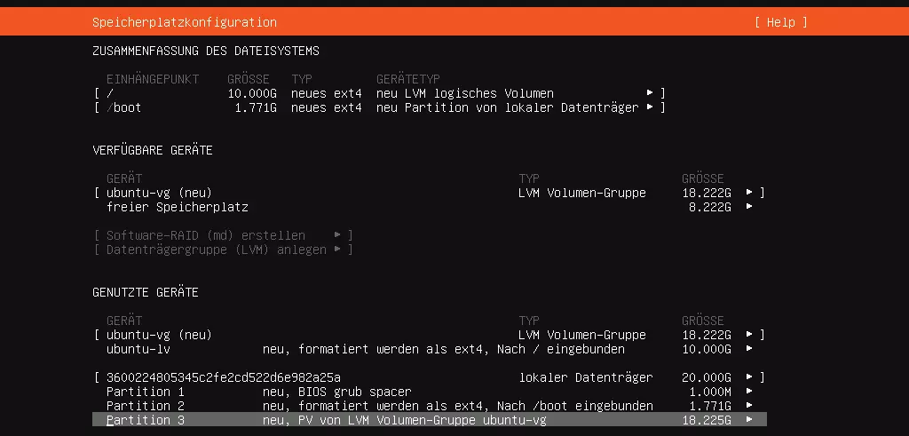 Image: Storage configuration as part of Ubuntu Server setup