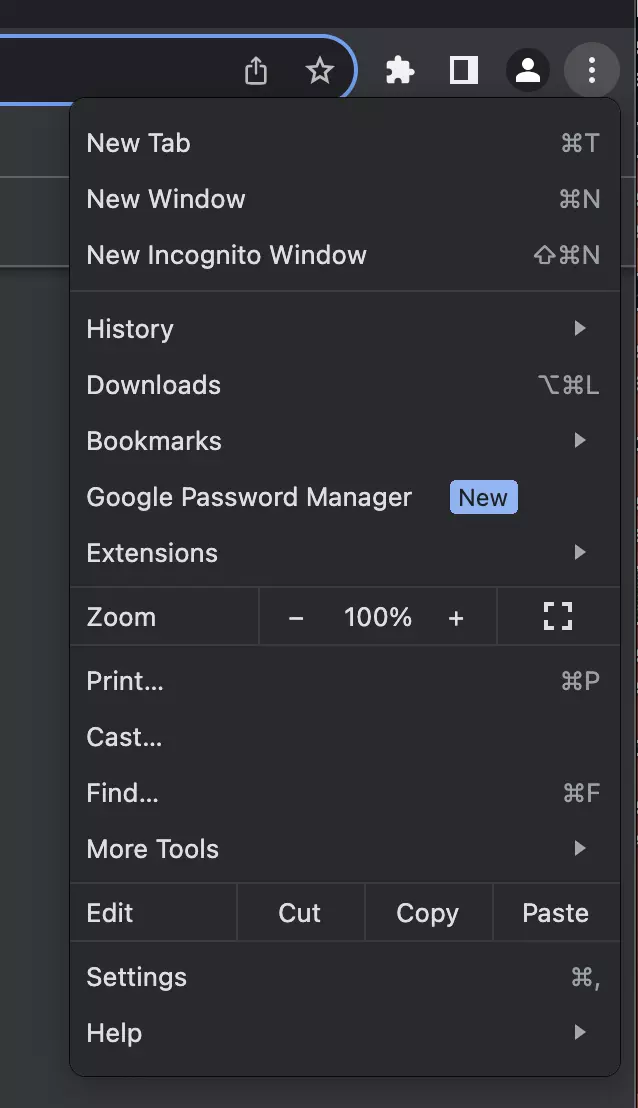 Screenshot of the drop-down menu in Chrome Image: Screenshot of the drop-down menu in Chrome