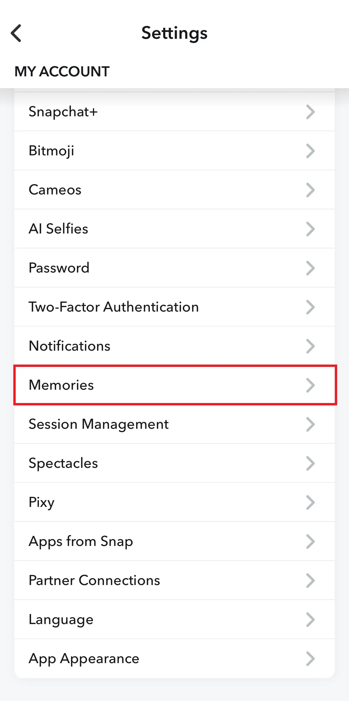 Image: Memory settings in Snapchat profile