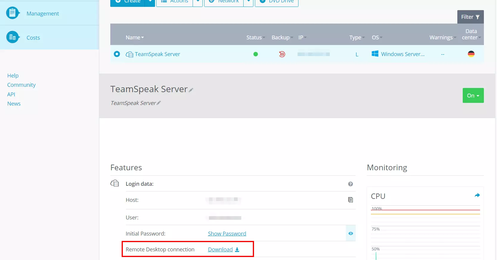 Login data in the IONOS Cloud Panel Image: Login data in the IONOS Cloud Panel