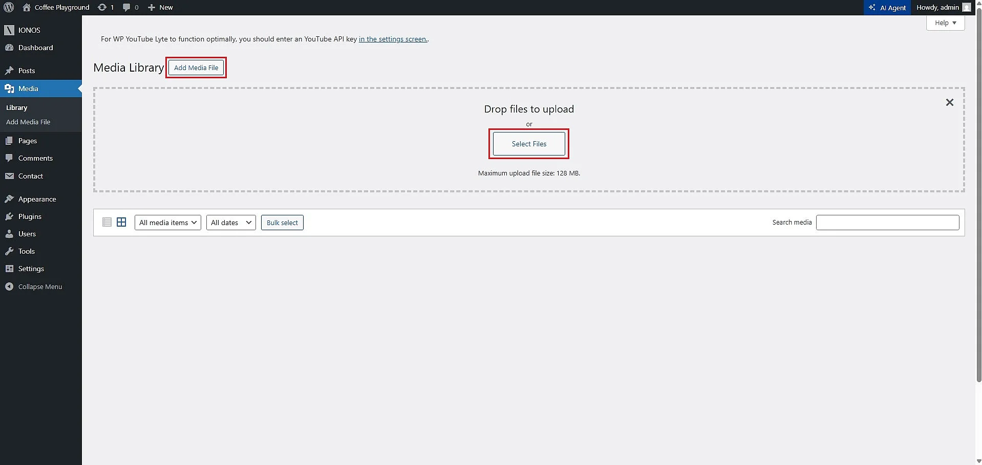 WordPress media library: dialogue box for file upload Image: WordPress media library: dialogue box for file upload