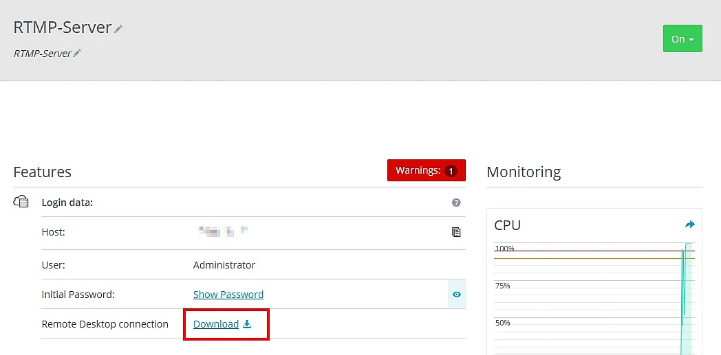IONOS Cloud Panel for an RTMP server Image: IONOS Cloud Panel for an RTMP server