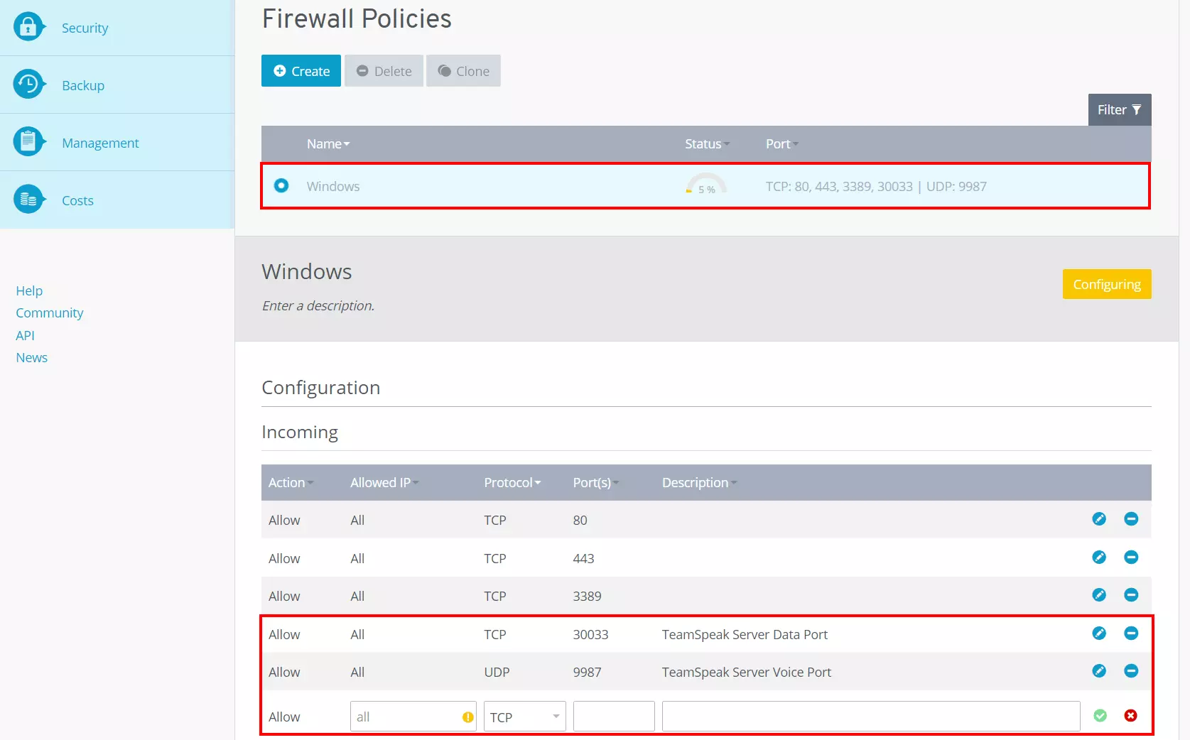 Port release in the IONOS Cloud Panel Image: Port release in the IONOS Cloud Panel