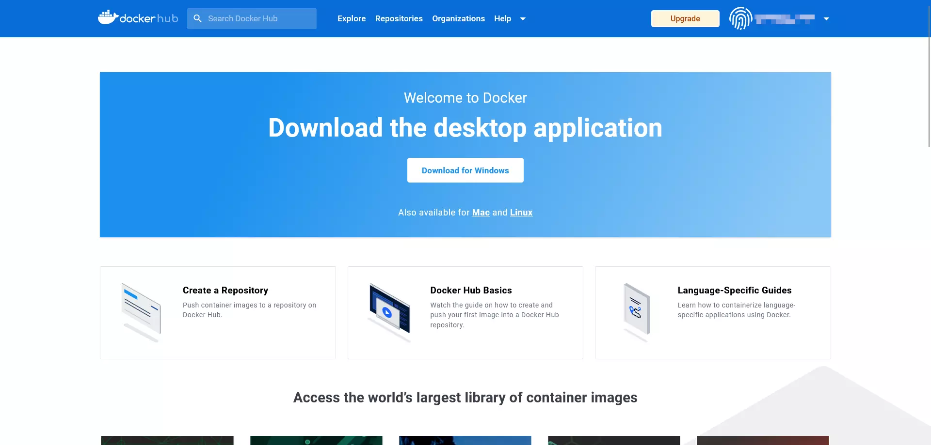 Dashboard of the Docker hub Image: Dashboard of the Docker hub