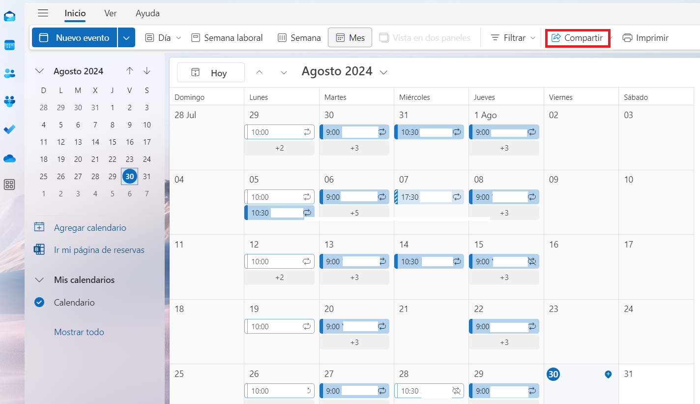 Outlook Web: Barra de iconos de la vista de calendario Outlook Web: Barra de iconos de la vista de calendario