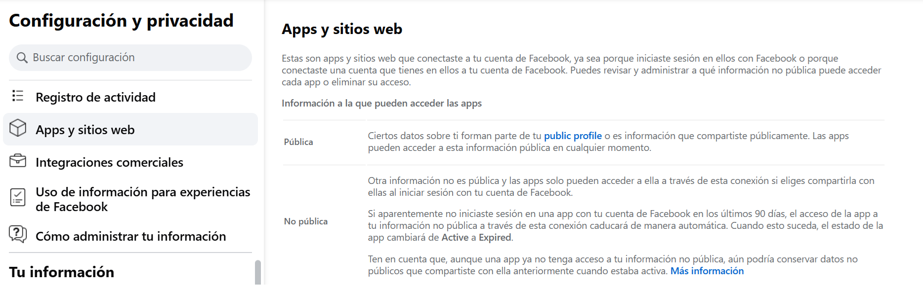 Menú de Facebook “Apps y sitios web” Imagen: Menú de Facebook “Apps y sitios web”