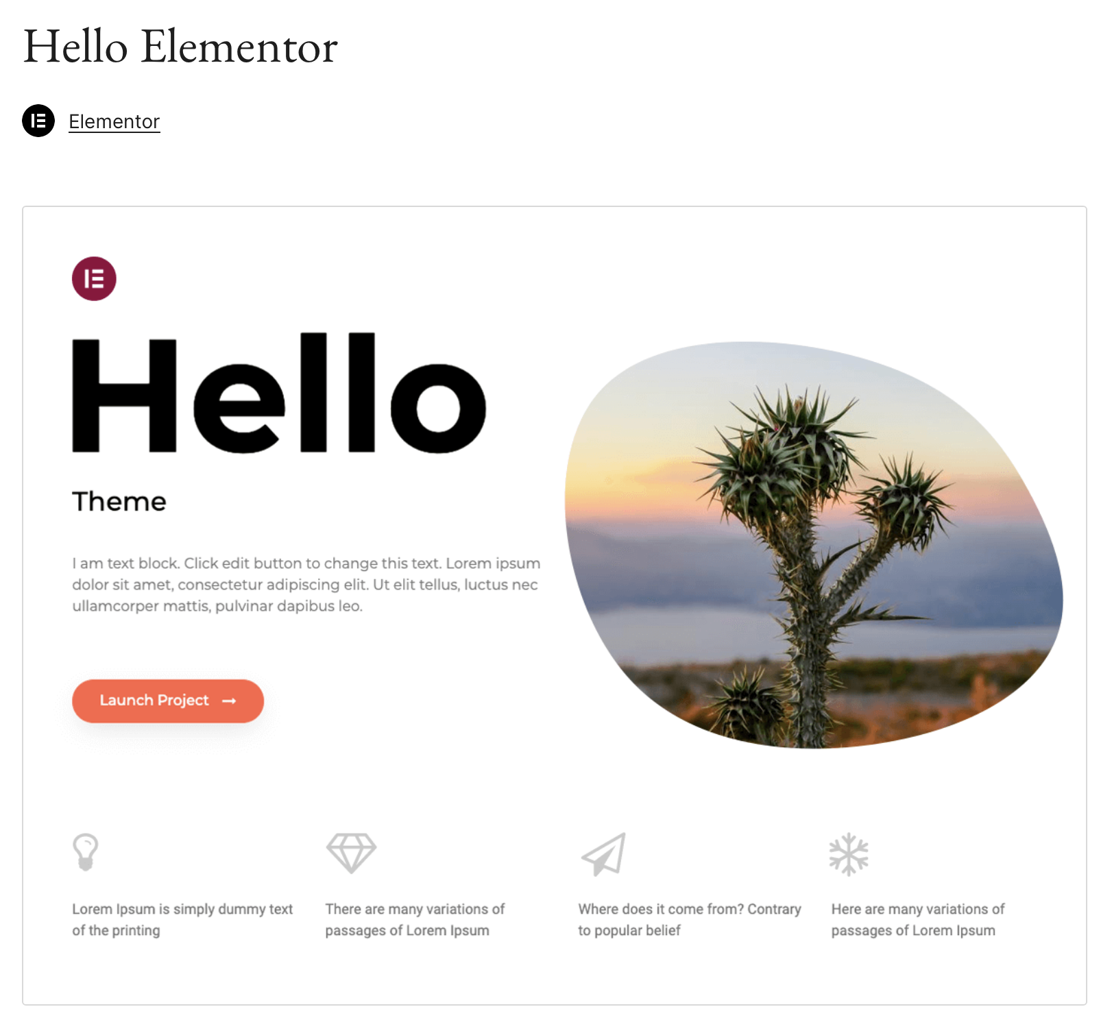 Vista previa de la plantilla Hello Elementor de WordPress en WordPress.org Imagen: Vista previa de la plantilla Hello Elementor de WordPress en WordPress.org