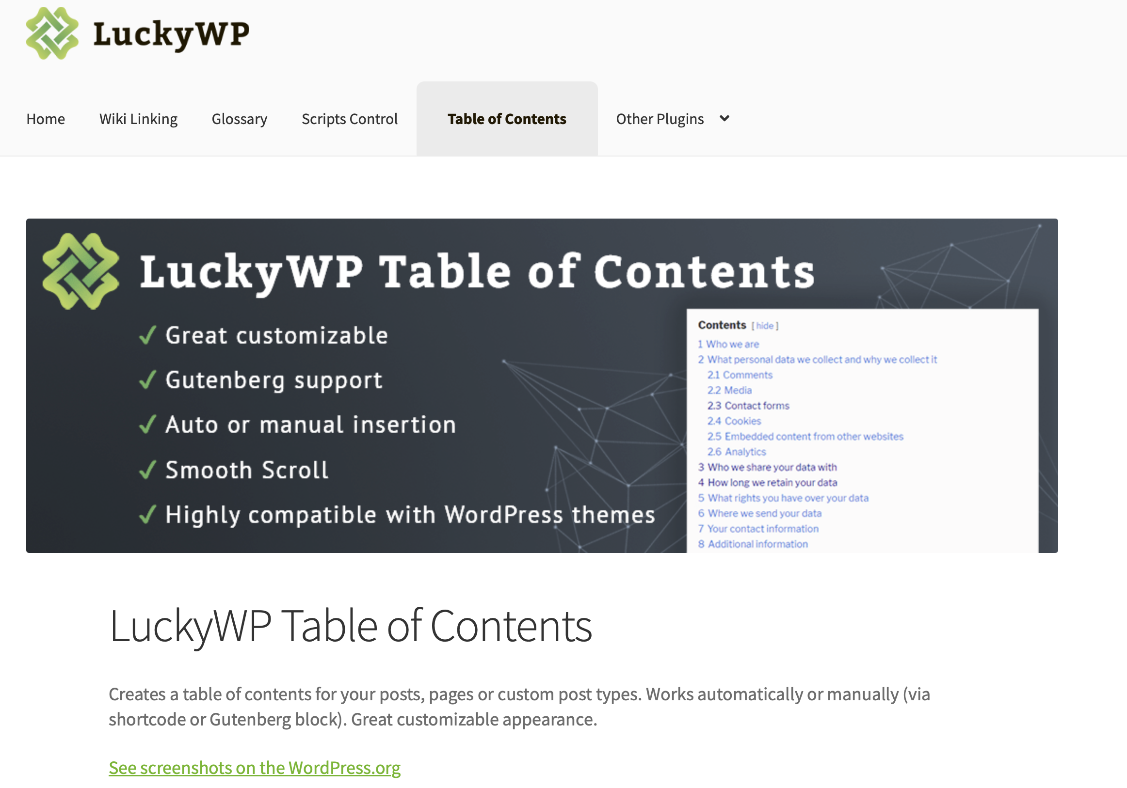 Página informativa de LuckyWP Table of Contents, en la web de su desarrollador Imagen: Página informativa de LuckyWP Table of Contents, en la web de su desarrollador