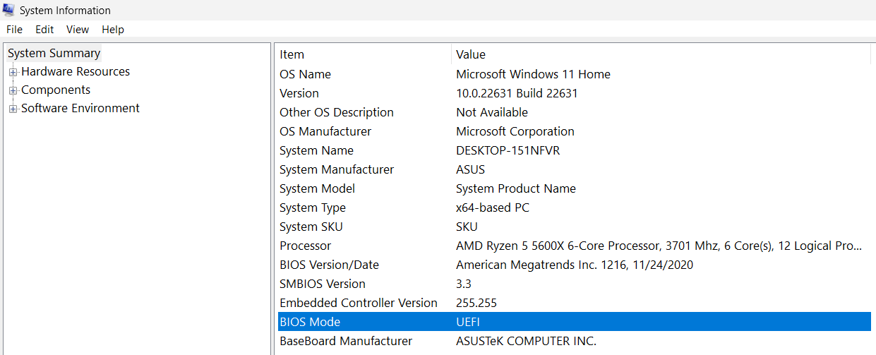 Modo BIOS en la vista general del sistema de Windows 11 Imagen: Modo BIOS en la vista general del sistema de Windows 11