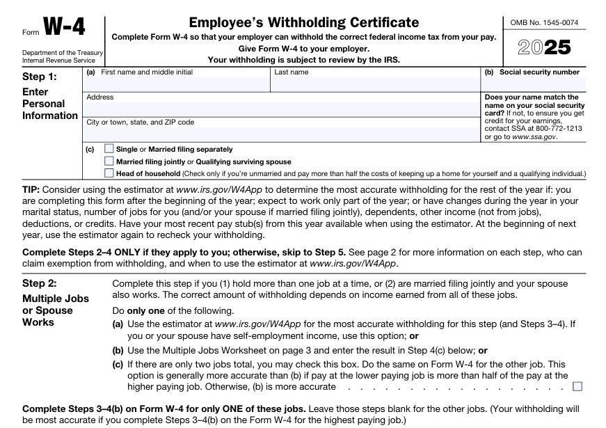 La primera parte del Formulario W-4 para la retención de impuestos Imagen: La primera parte del Formulario W-4 para la retención de impuestos