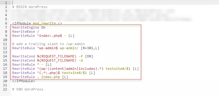 Imagen: Nuevo archivo .htaccess con el código sustituido del backend de WordPress