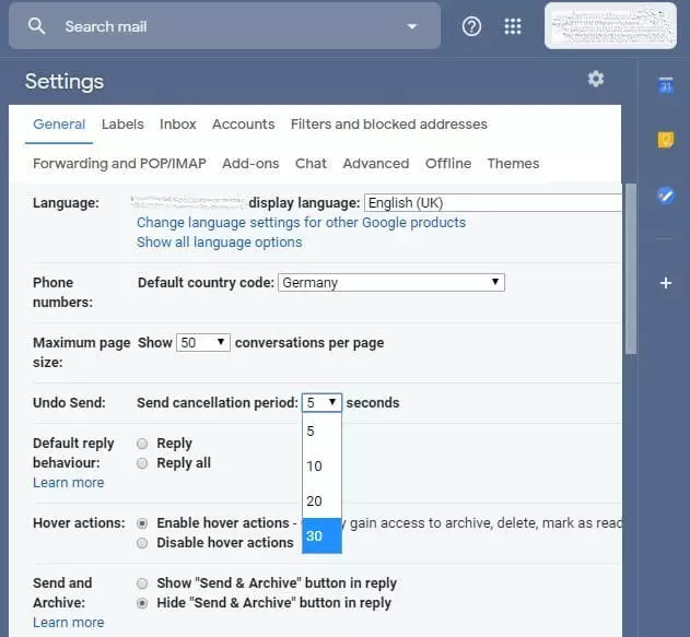 Periodo de cancelación de envío en Gmail: opciones de configuración