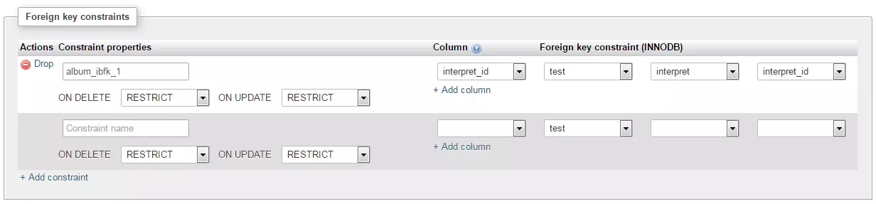 phpMyAdmin: relaciones de claves foráneas definidas