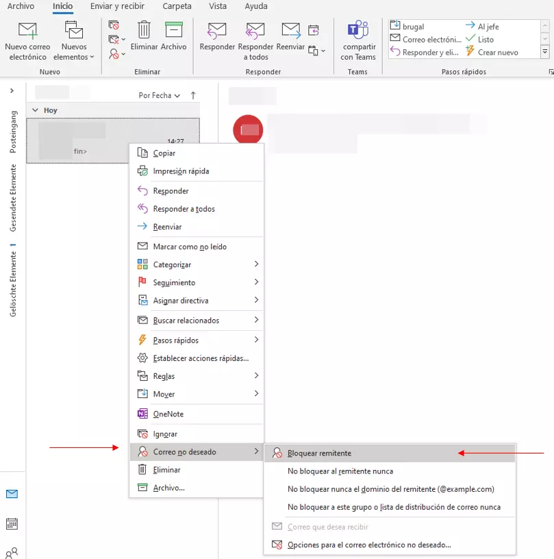 Imagen: Menú de correo no deseado en Outlook