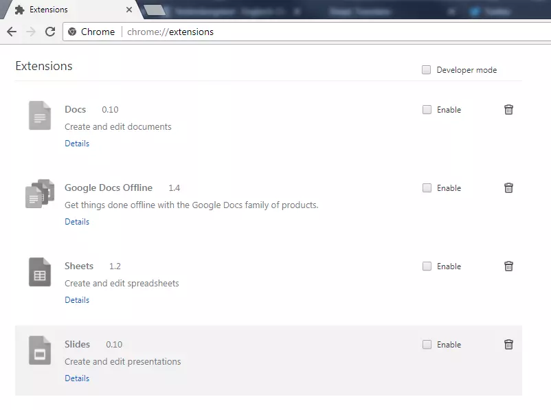 Imagen: Panel de control de las extensiones de Chrome