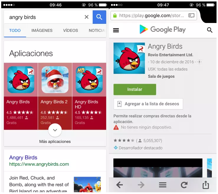 Imagen: Búsqueda en Google Mobile y en Google Play de Angry Birds