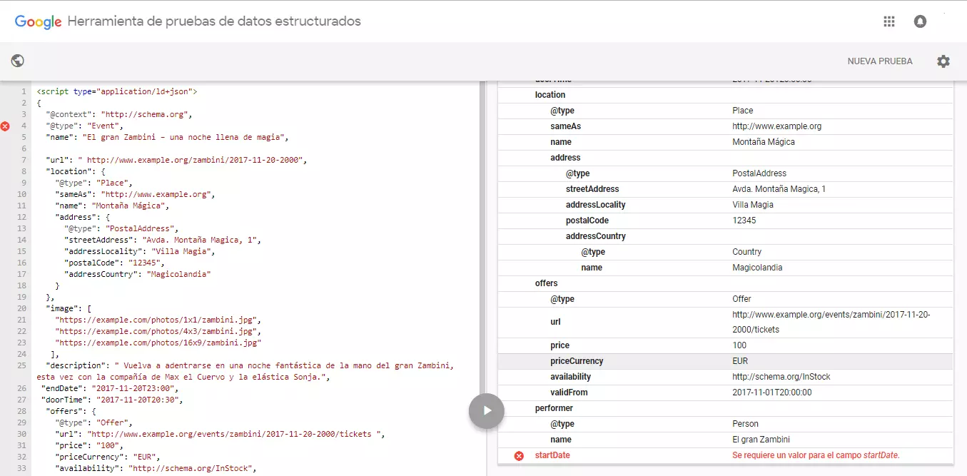 Imagen: Google Structured Data Testing Tool tras la validación: se ha detectado un error