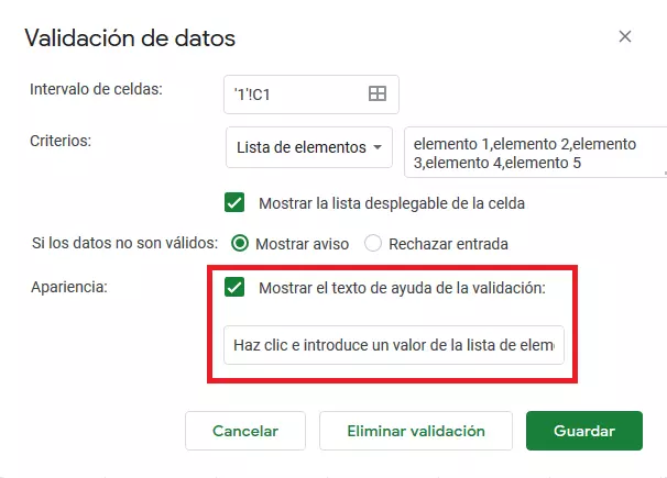 Imagen: Validación de texto con visualización de texto de ayuda