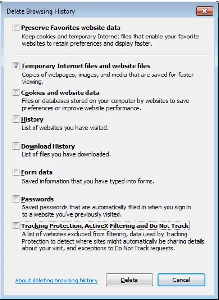Imagen: Ventana “Eliminar el historial de exploración” en Internet Explorer