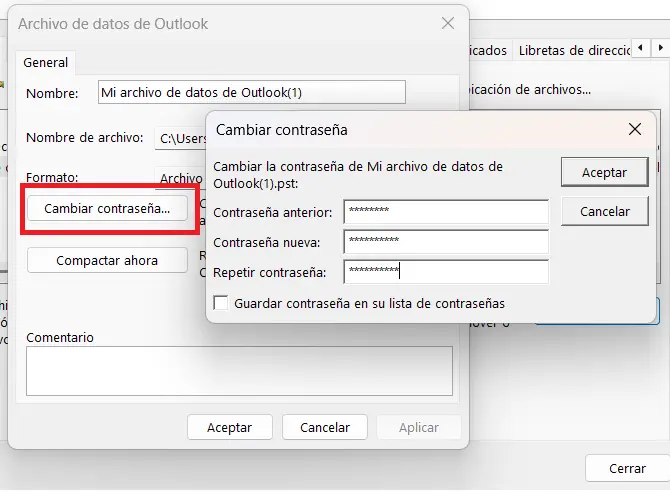 Imagen: Cambiar la contraseña de un archivo de datos de Outlook