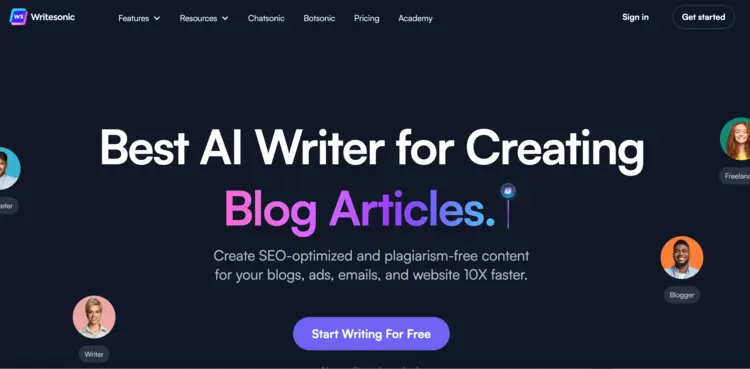 Captura de pantalla de la página web de Writesonic Captura de pantalla de la página web de Writesonic