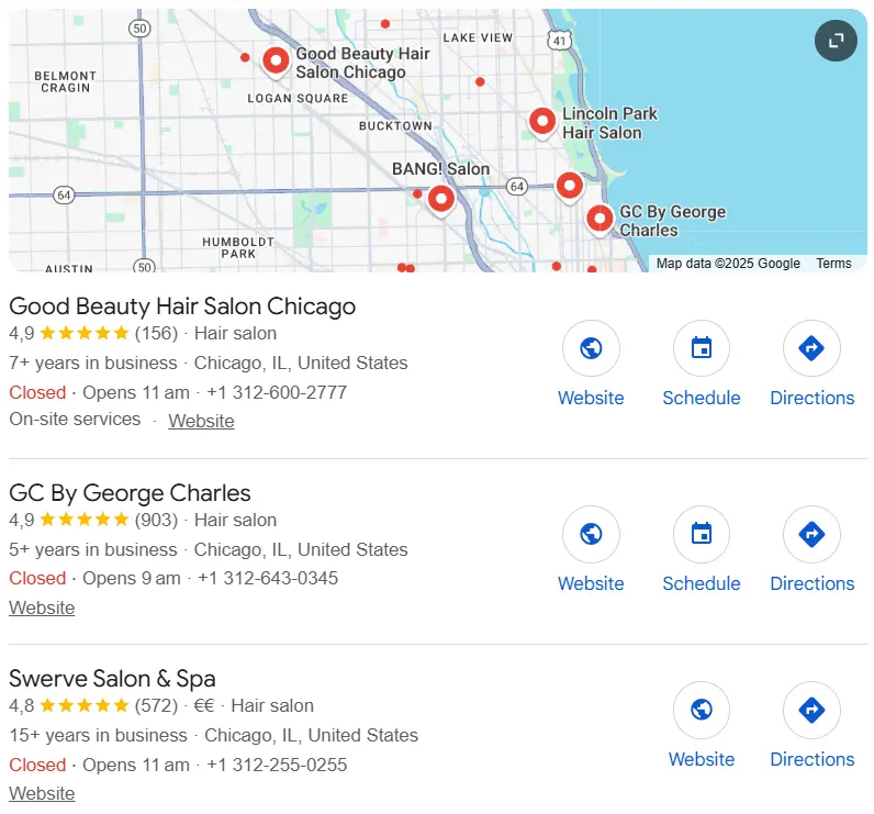 Imagen: SEO local en Google: resultados de la búsqueda “hair salon Chicago”