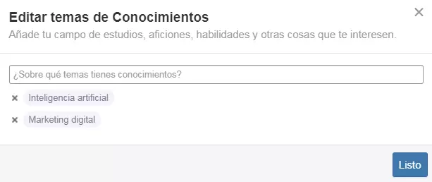 Imagen: Menú para editar las áreas de especialización personal