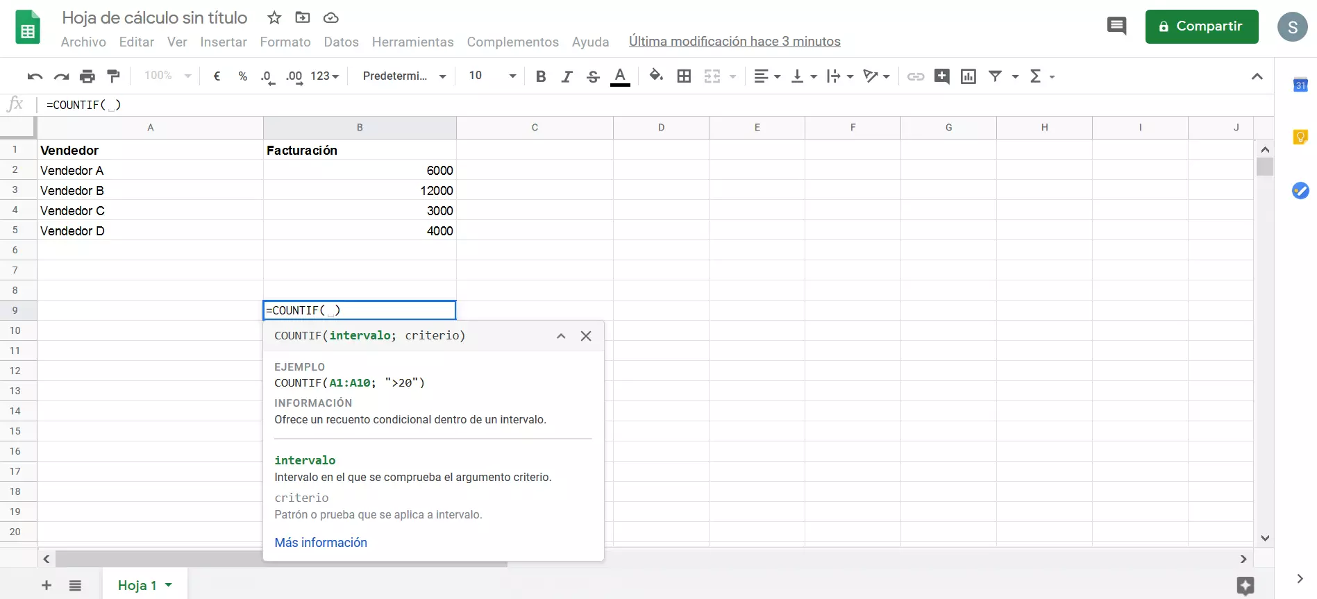 Imagen: Ejemplo de hoja de cálculo de Google con COUNTIF en una celda 