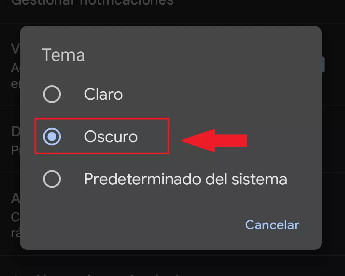 El menú “Tema” con las distintas opciones de brillo disponibles
