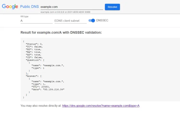 Resultado de una consulta del registro A con el servicio de Google Public DNS Resultado de una consulta del registro A con el servicio de Google Public DNS