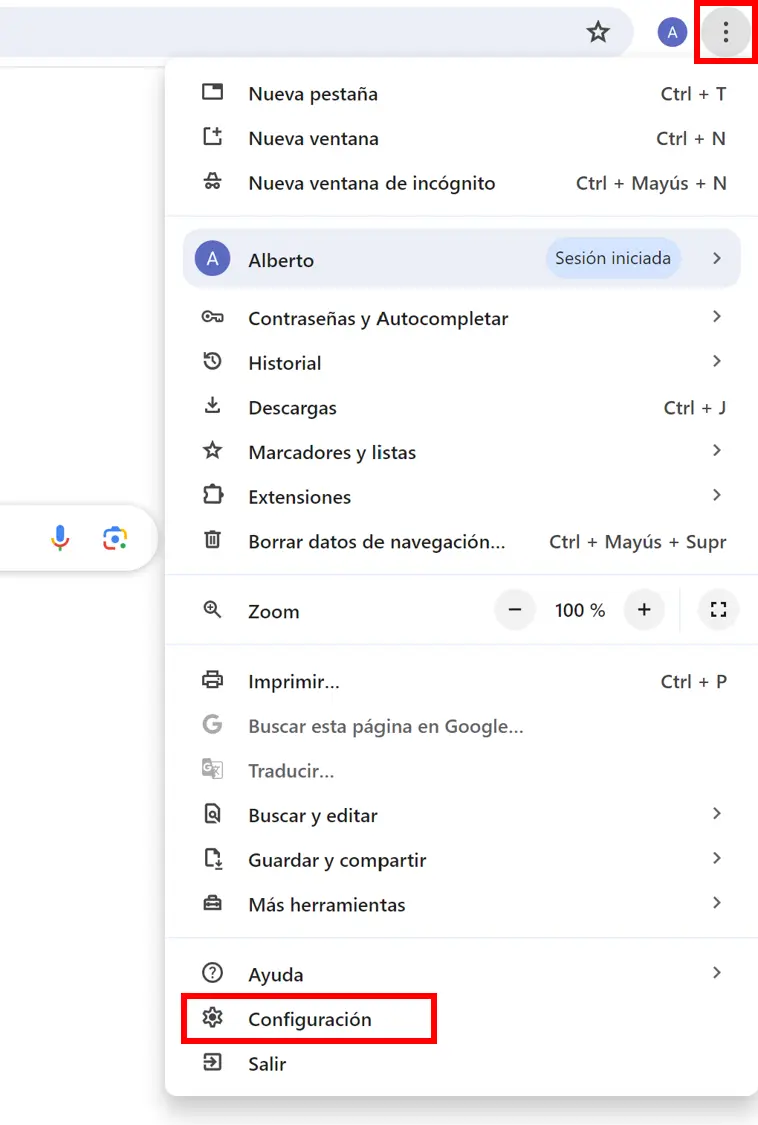 Menú de tres puntos en Google Chrome Imagen: Menú de tres puntos en Google Chrome